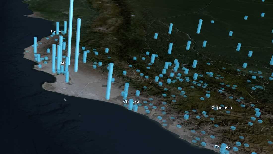 Columnas sobre la costa norte del Perú: población en zona inundable por distrito, de Tumbes a Trujillo