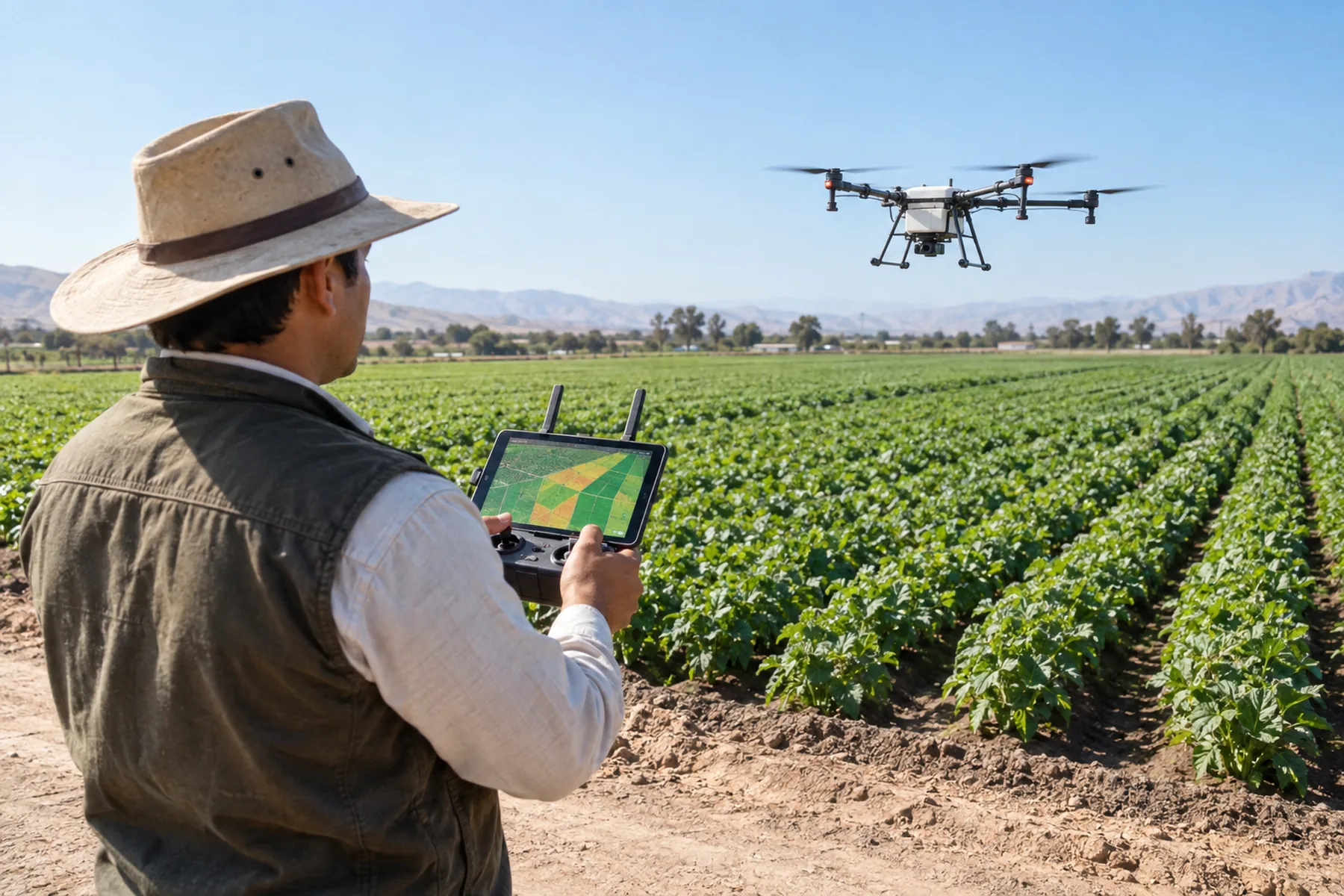 Agricultor revisando en una tablet el mapa de vigor de su campo mientras vuela un dron