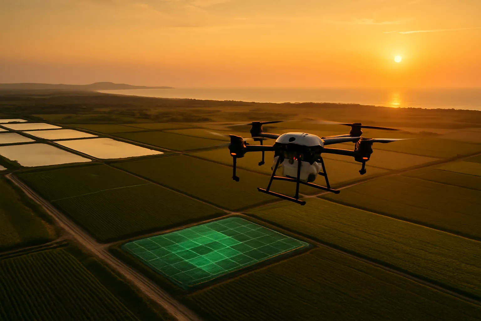 An agricultural drone flying over crops and ponds with an NDVI data layer