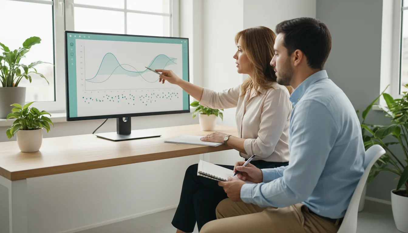 Una investigadora señala en un monitor una serie temporal de datos anonimizados mientras un colega toma notas