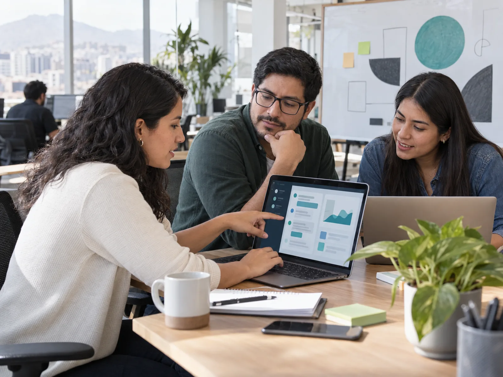 Equipo trabajando con herramientas de IA en sus laptops, alrededor de una mesa