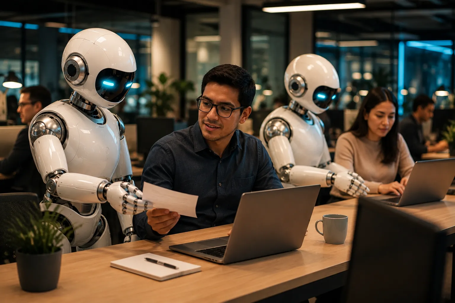 Robots asistentes trabajando codo a codo con el equipo en la oficina