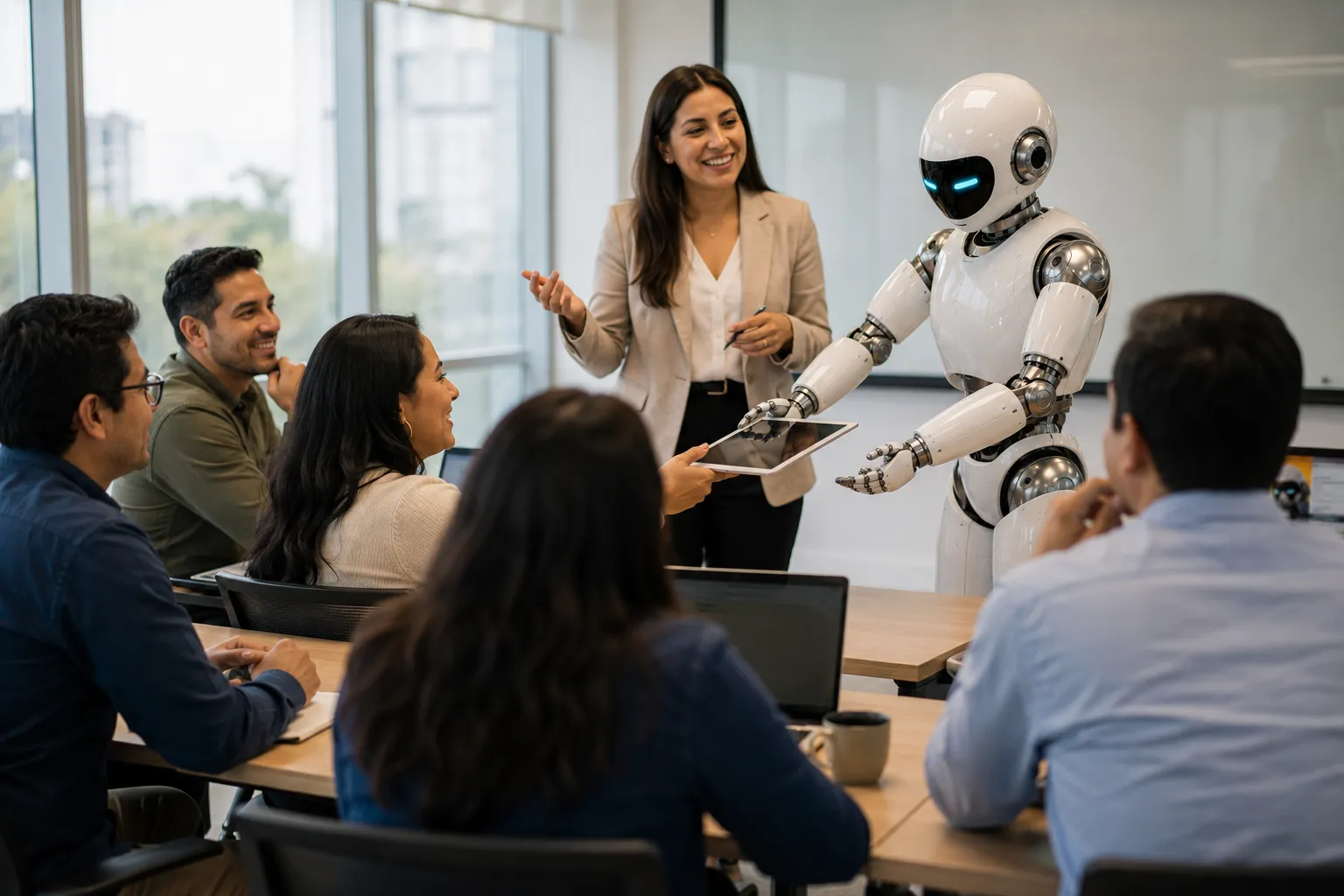 Robot asistente de Balexus como co-instructor en un taller de IA en vivo