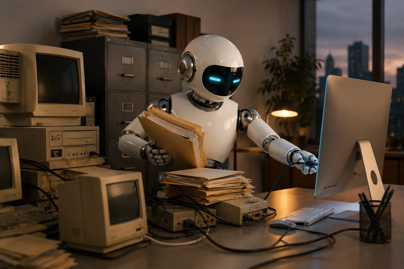 Robot asistente unificando sistemas y archivos antiguos en una estación moderna