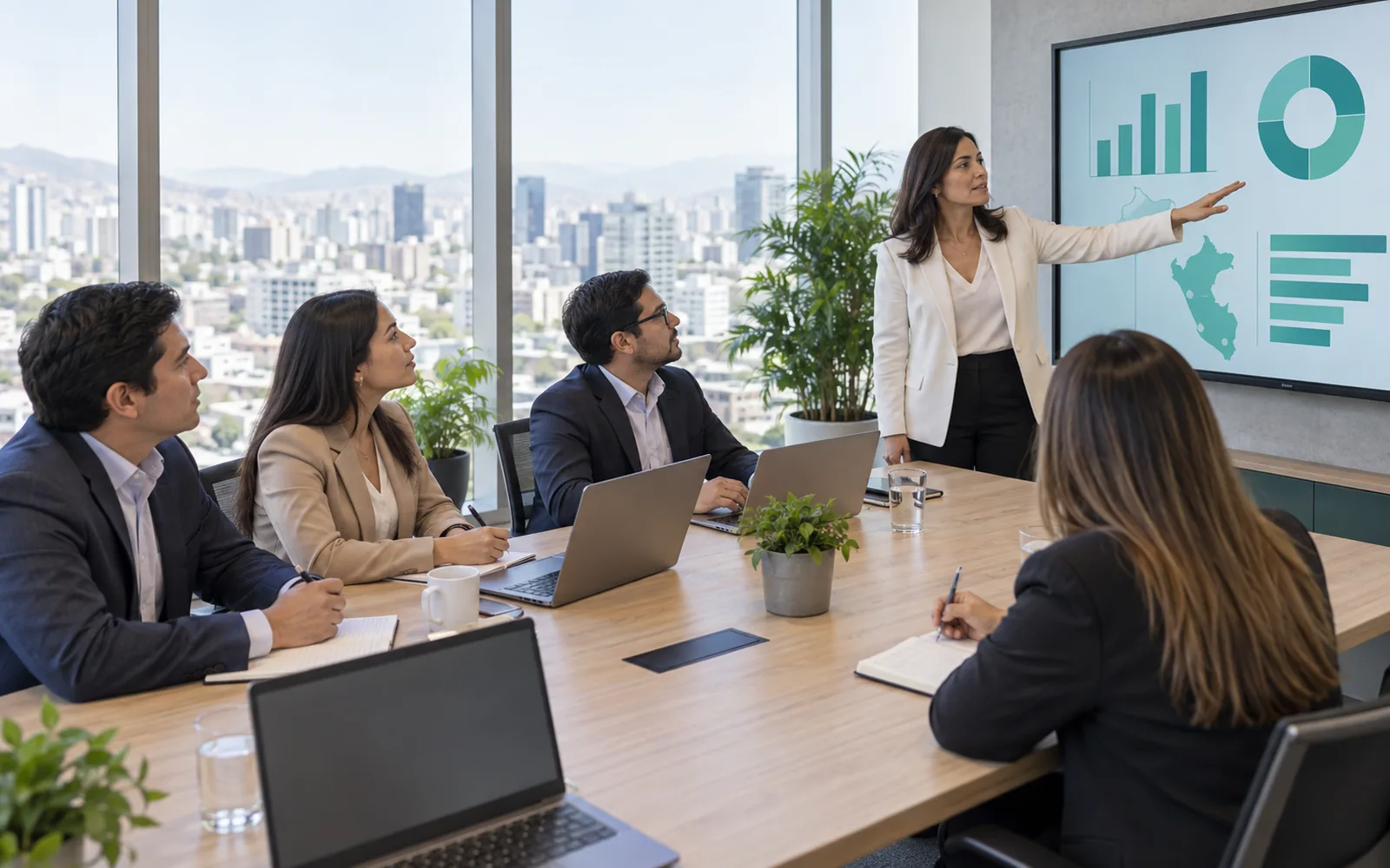 Directora presentando métricas en una pantalla al equipo ejecutivo, en una sala luminosa