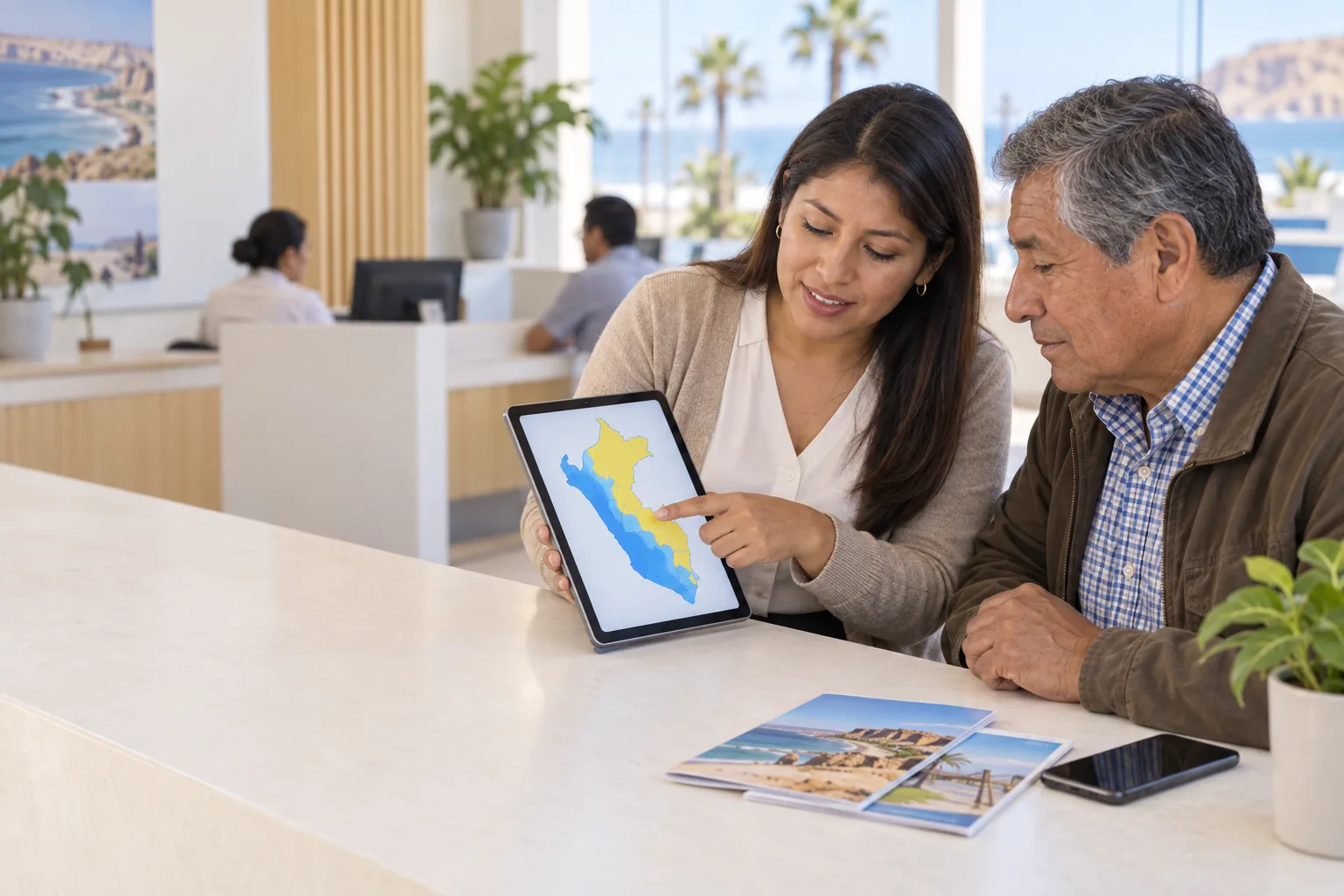 Funcionaria municipal le muestra a un vecino, en una tablet, el mapa de lluvias del Perú