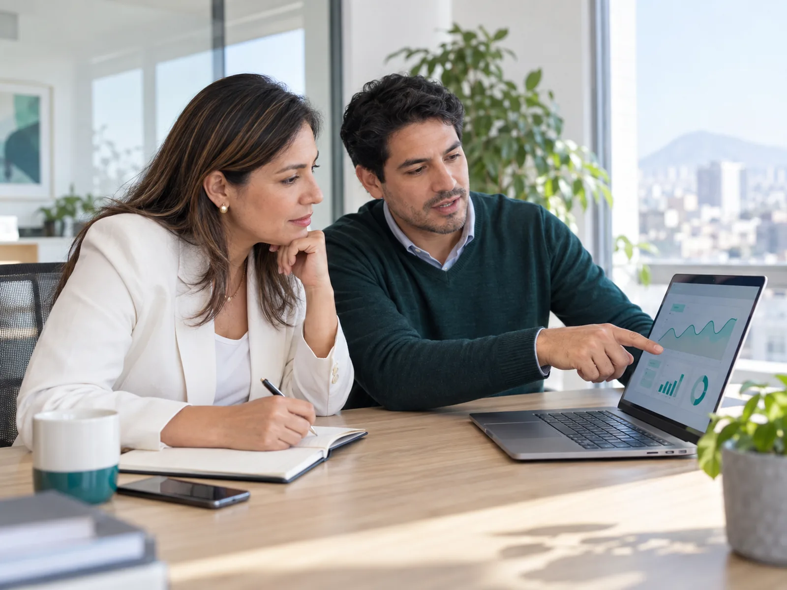Especialista y gerenta de una empresa revisando juntos un tablero en la laptop