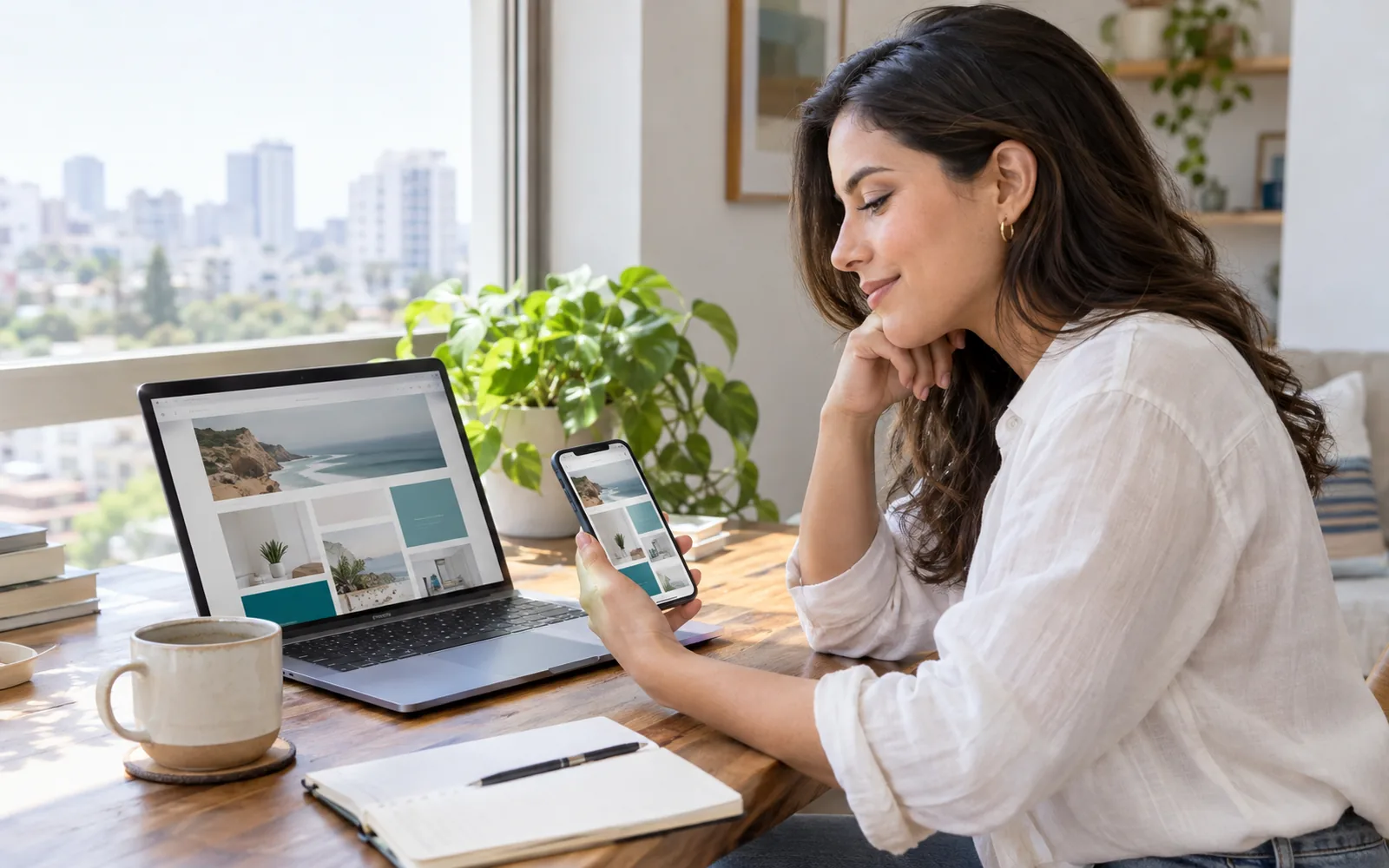 An entrepreneur reviewing her finished website on laptop and phone