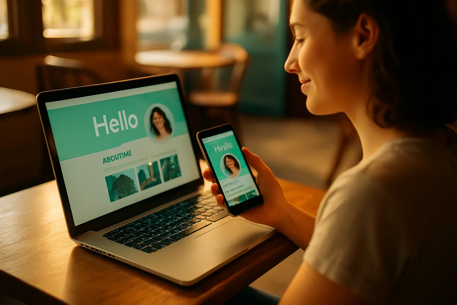 Creadora revisando su web personal terminada en laptop y móvil