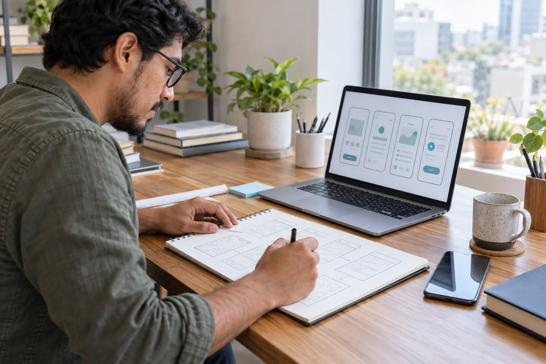 A professional sketching app screens in a notebook next to the prototype on his laptop