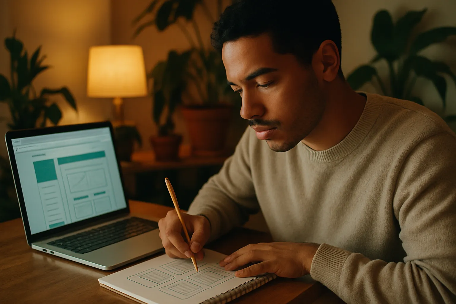 A professional sketching wireframes of their app next to a prototype