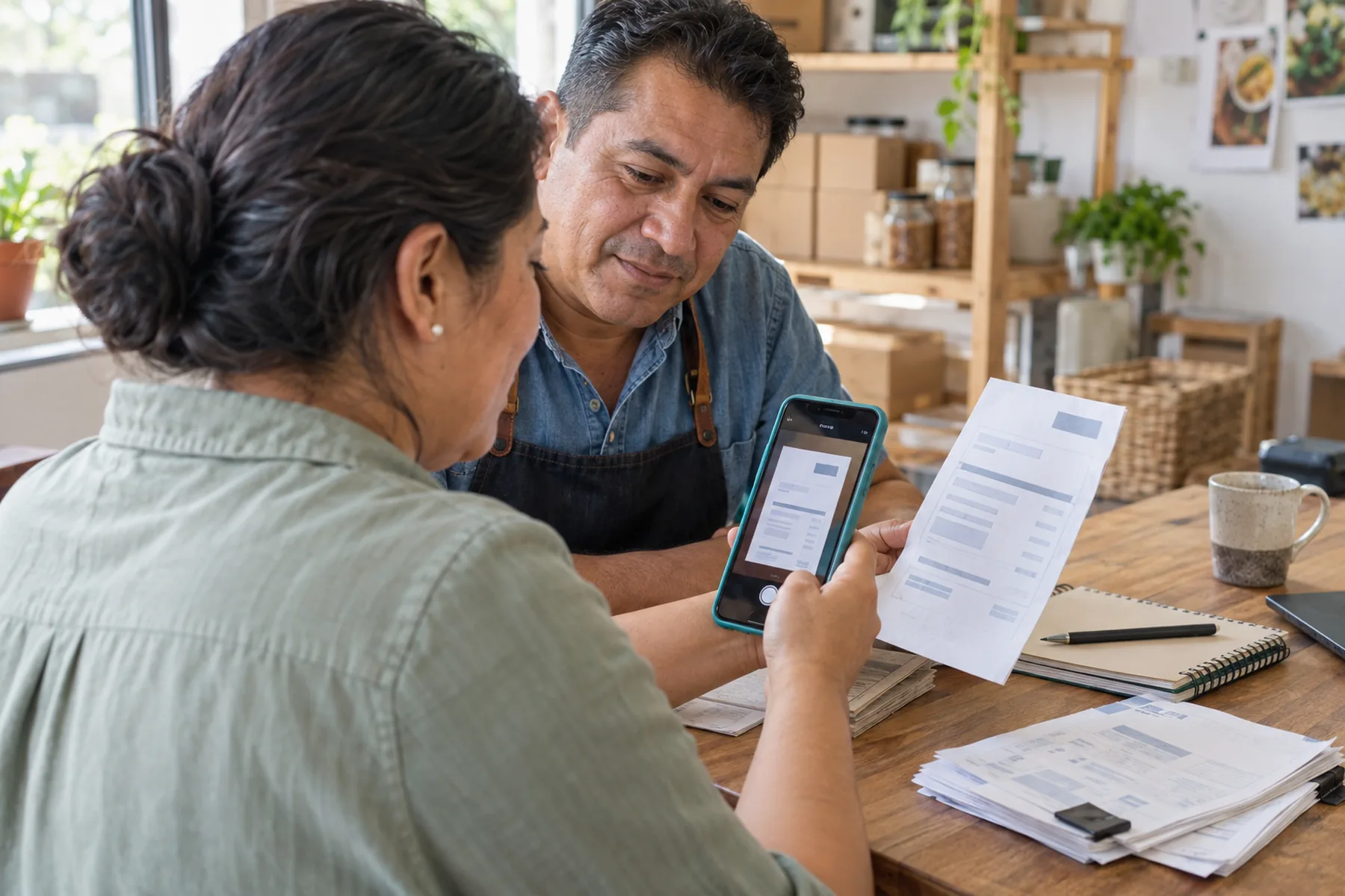 Business owners photographing their invoices with a phone to organize them