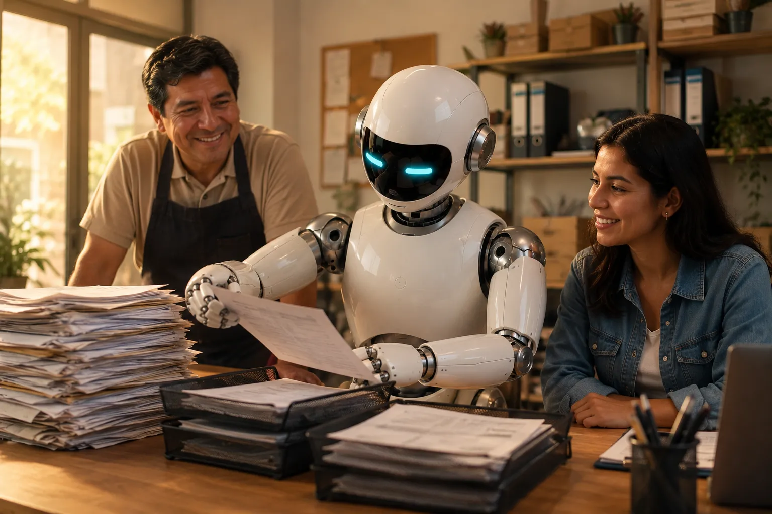 A robot assistant sorting paper invoices alongside the business owners