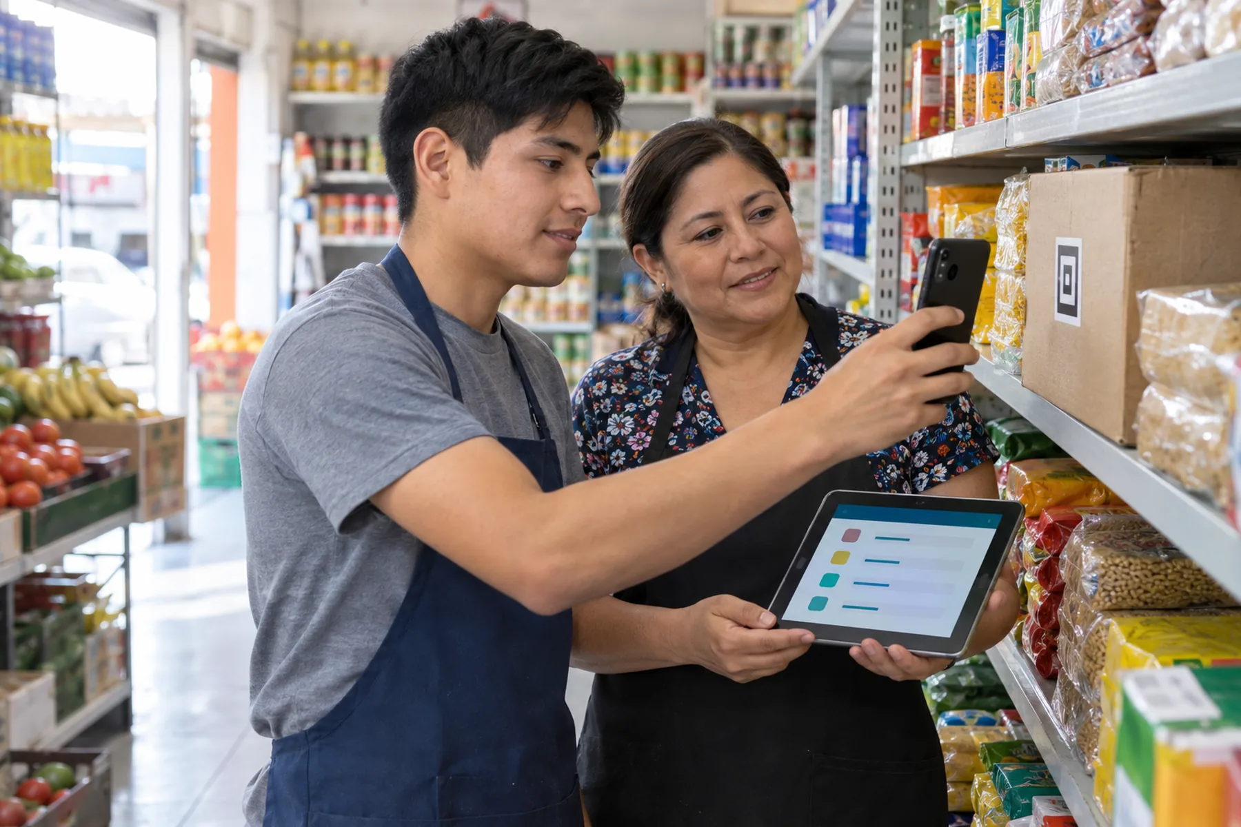 An employee scanning products with a phone while the owner watches the inventory update on a tablet