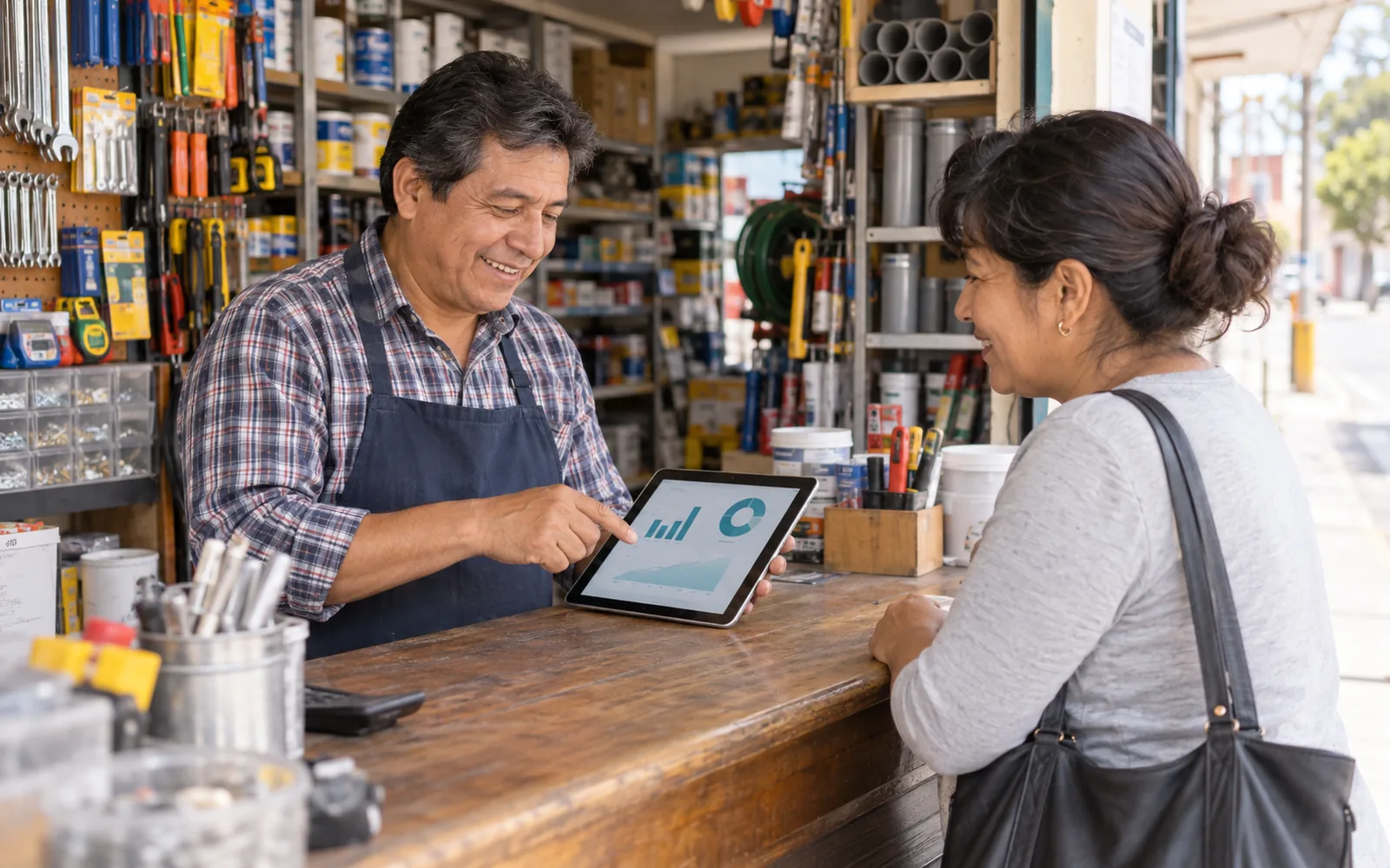 Dueño de ferretería atendiendo a una clienta mientras revisa sus ventas en una tablet
